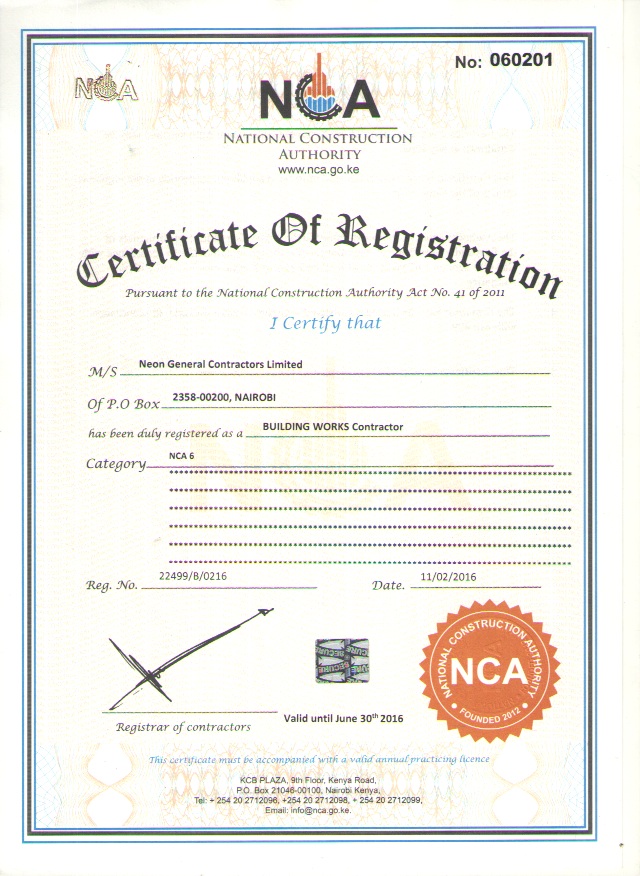 CERTIFICATE OF REGISTRATION NEON GENERAL CONTRACTORS LTD BUILDING WORKS CONTRATOR
