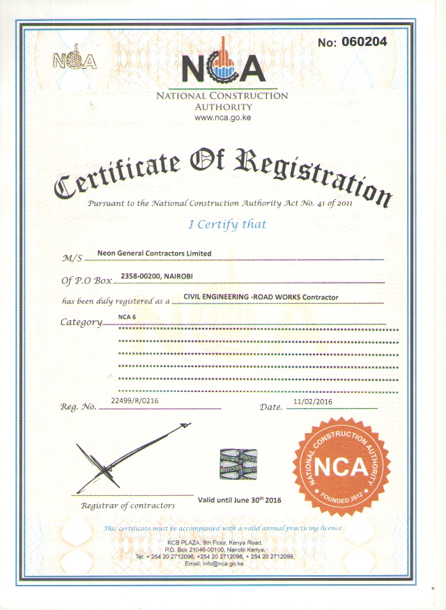CERTIFICATE OF REGISTRATION NEON GENERAL CONTRACTORS LTD CIVIL ENGINEERING ROAD WORKS CONTRACTOR