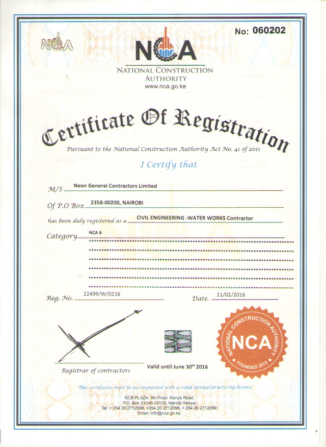 CERTIFICATE OF REGISTRATION NEON GENERAL CONTRACTORS LTD CIVIL ENGINEERING WATER WORKS CONTRACTOR