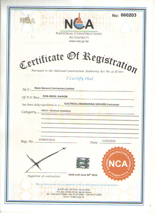 CERTIFICATE OF REGISTRATION NEON GENERAL CONTRACTORS LTD ELECTRICAL ENGINEERING SERVICES CONTRATOR